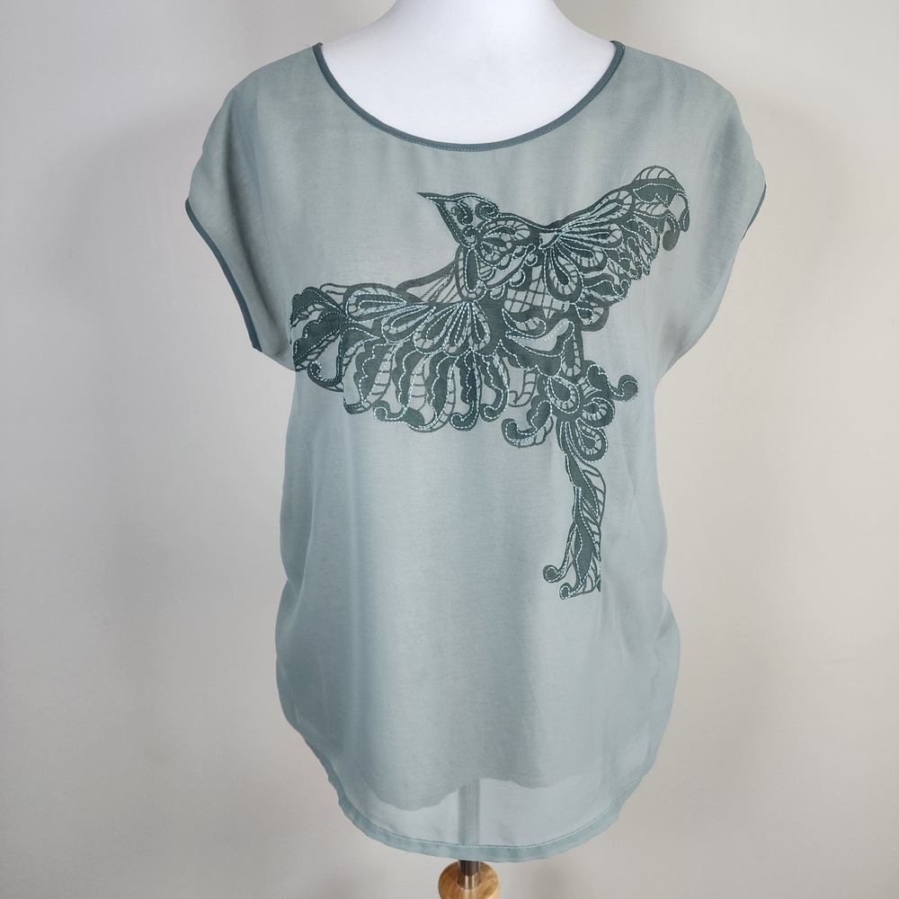 DH3 Blouse Womens XS Sheer Layered‎ Bird Embroidery Seafoam Top Office Oversize